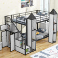 Black+White Twin Over Twin Metal Bunk Bed with Stairs and Storage Z273