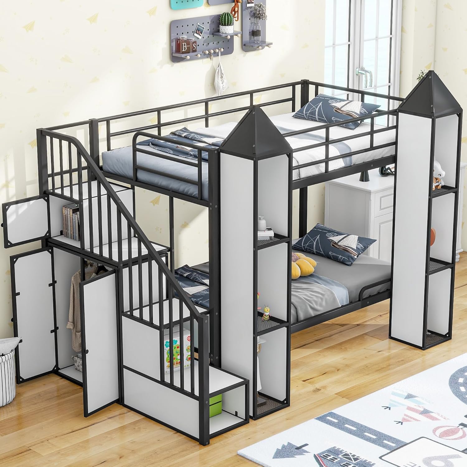 Black+White Twin Over Twin Metal Bunk Bed with Stairs and Storage Z273