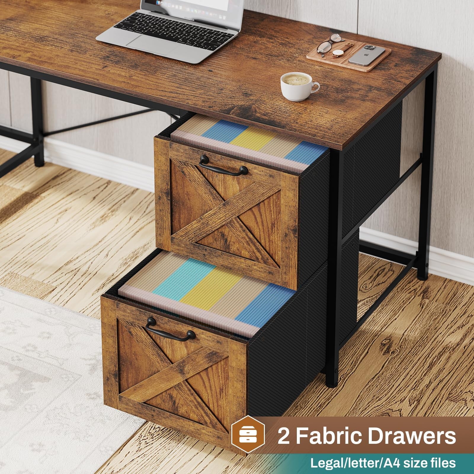 Rustic Brown L Shaped Desk with Fabric Drawers and Power Outlet S71142