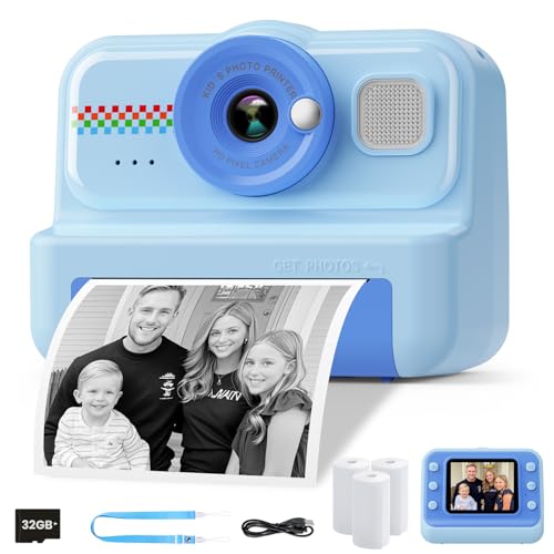 1080P HD Kids Instant Print Camera with 3 Rolls Print Paper & 32GB Card (Black) H258