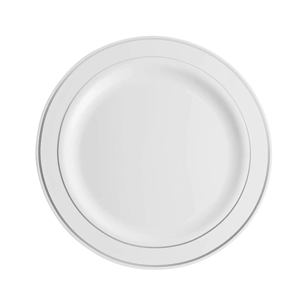 100 Piece White Silver Rim Plastic Party Plates I4411