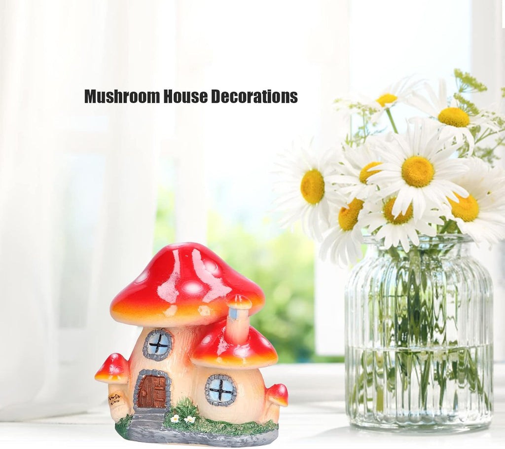 Red Synthetic Resin Mushroom House Sculpture 3.9x3.1x3.7 inch U528