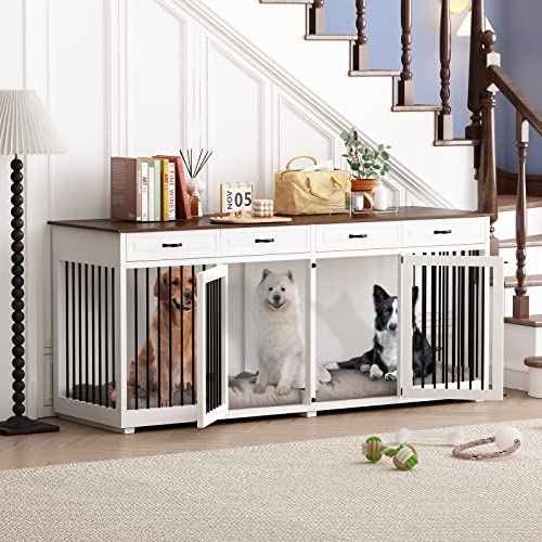 White 86.6 Inch Wooden Dog Crate with Drawers W222687