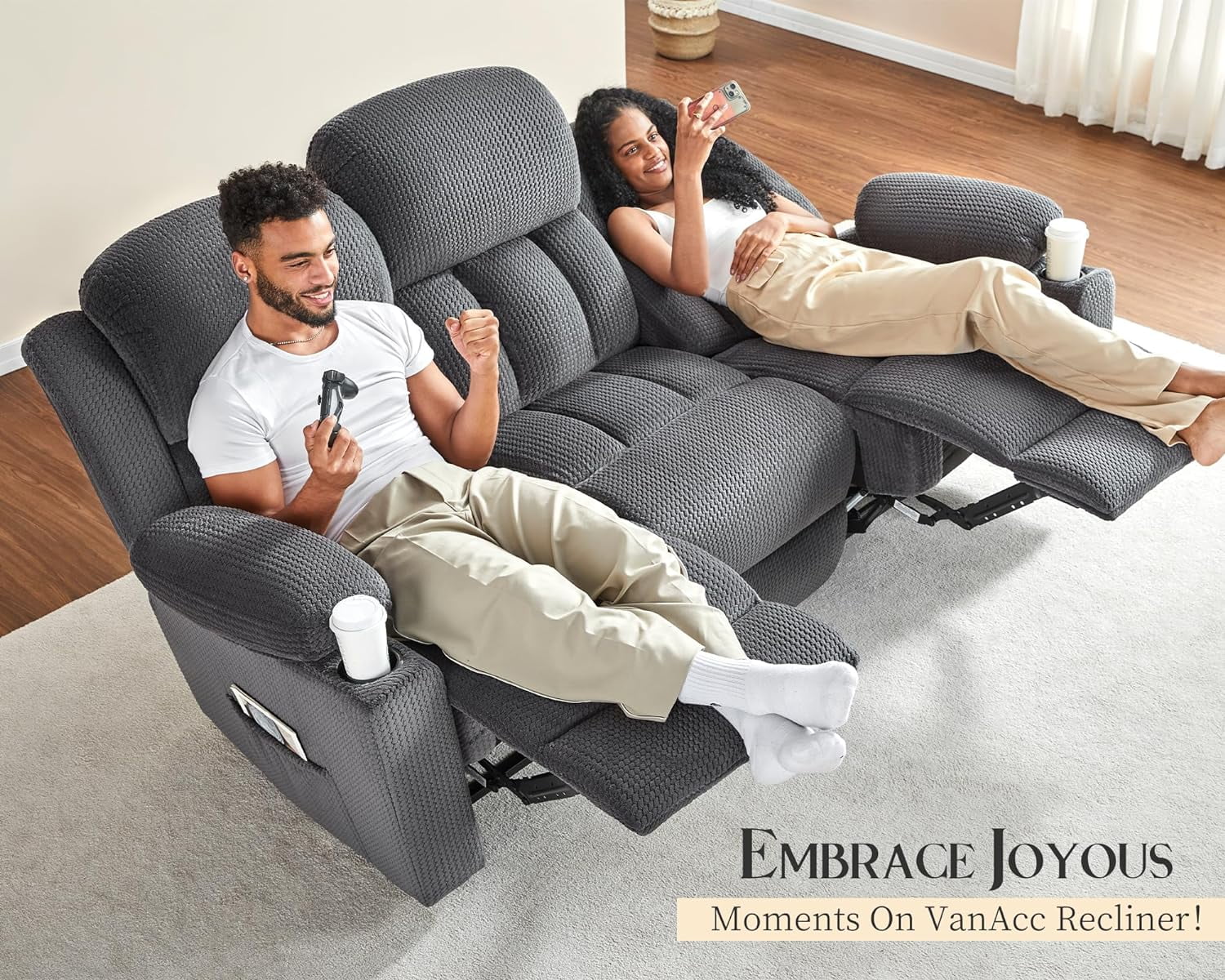 Grey 3 Seater Recliner Sofa with Cup Holders S939