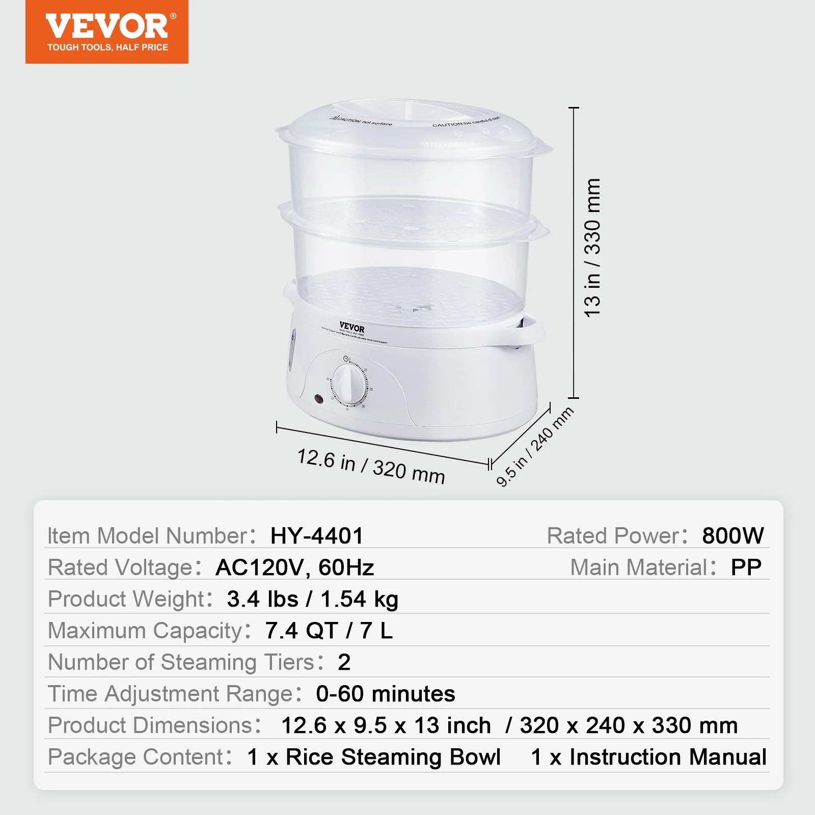 7.4Qt Electric Food Steamer 2-Tier 800W F7464