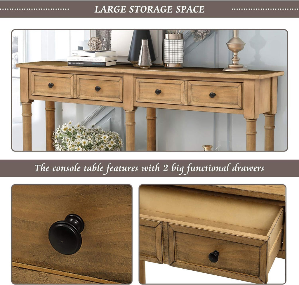 Old Pine Solid Wood Console Sofa with Two Storage Drawers and Bottom Shelf X61086