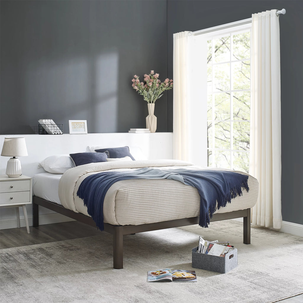 Queen Wood Slat Metal Platform Bed Frame E5474