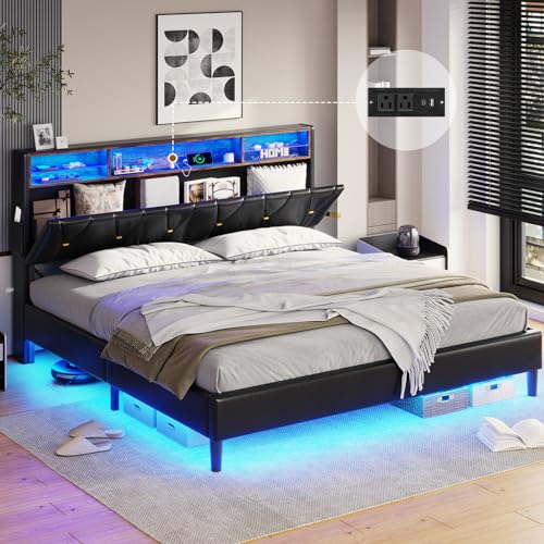 Creamy White Velvet Upholstered Full Size Bed Frame with Headboard Storage and LED Lights L3297