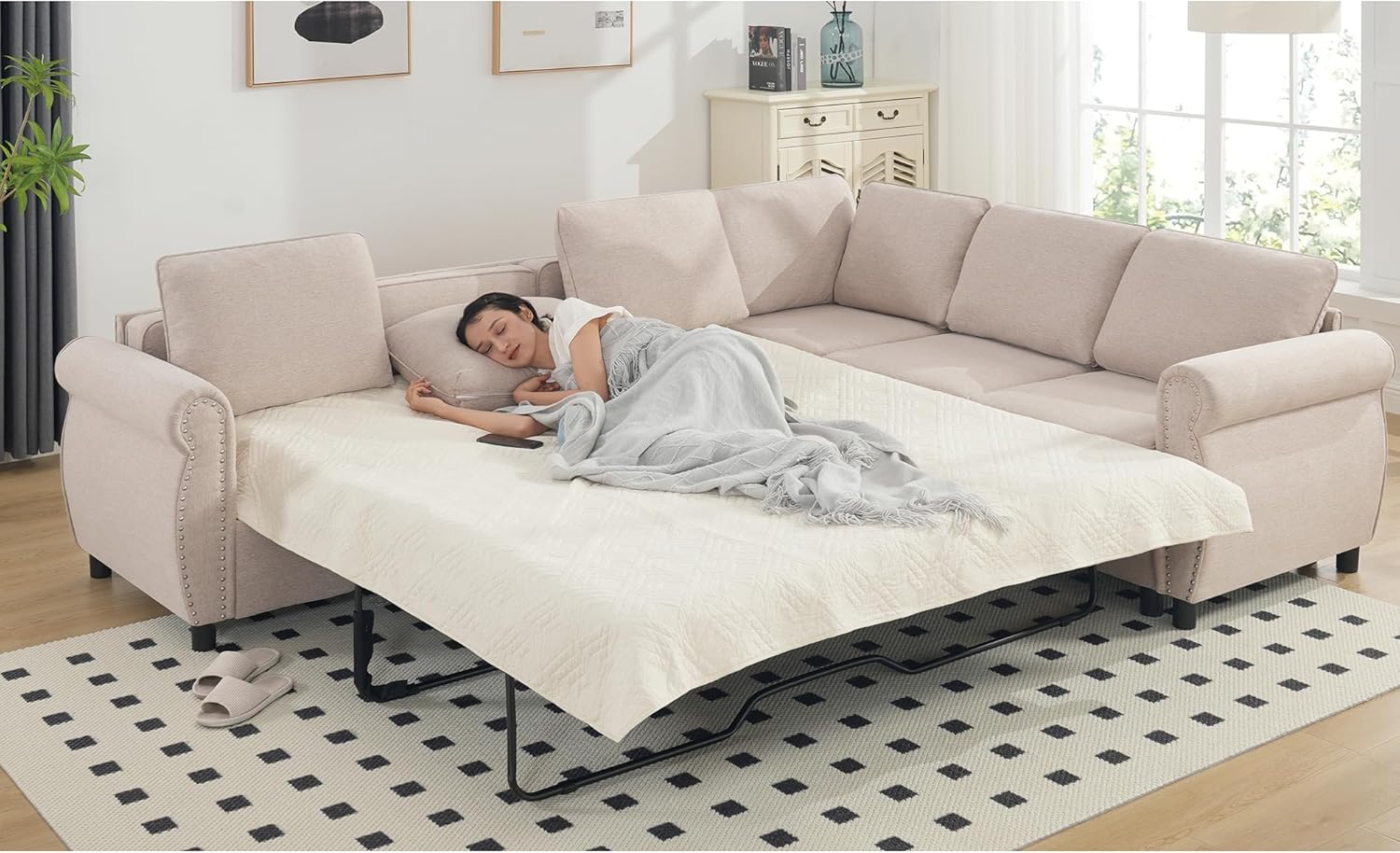 Beige Modular Sectional Sleeper Sofa with Pull Out Bed C832