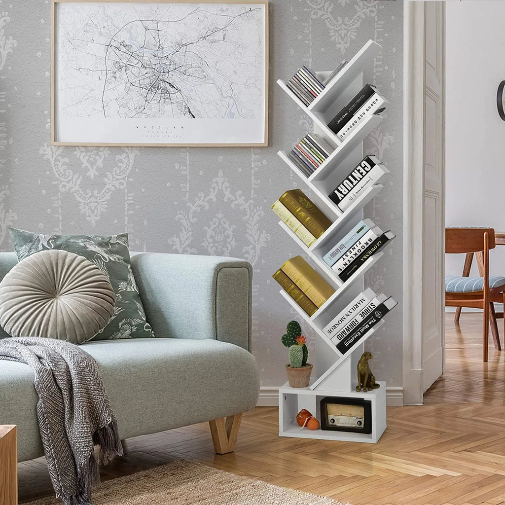 White 10 Shelf Wooden Bookcase with Drawer H252
