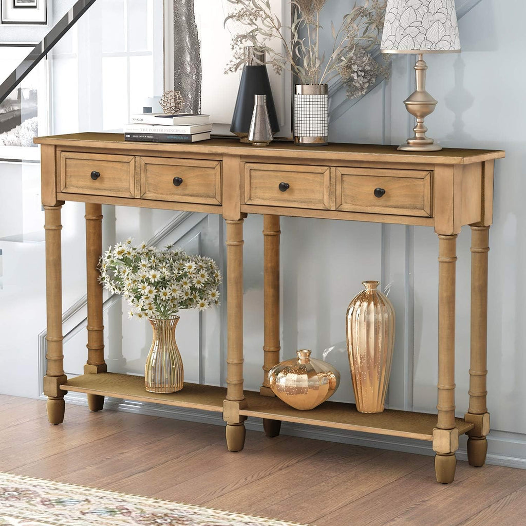 Old Pine Solid Wood Console Sofa with Two Storage Drawers and Bottom Shelf X61086