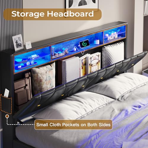 Creamy White Velvet Upholstered Full Size Bed Frame with Headboard Storage and LED Lights L3297