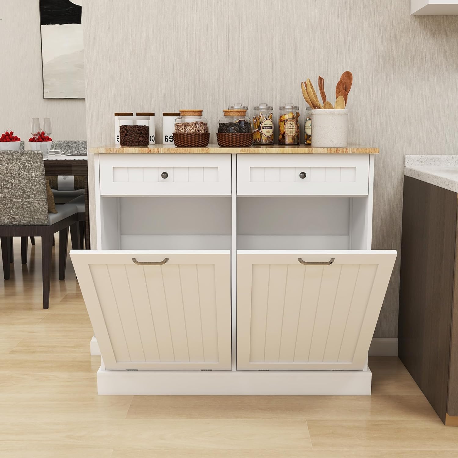 Double Tilt Out Trash Cabinet with Wood Tabletop X3110