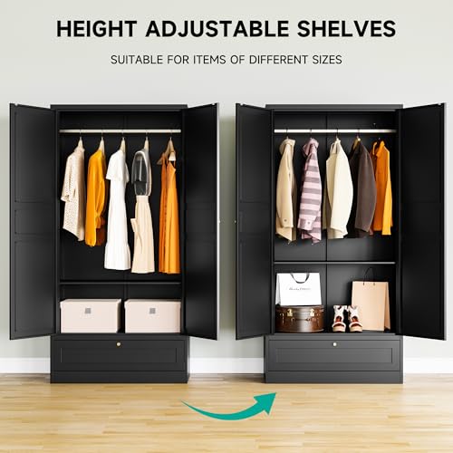 White Metal Wardrobe Cabinet with Adjustable Shelves and Hanging Rod A913069