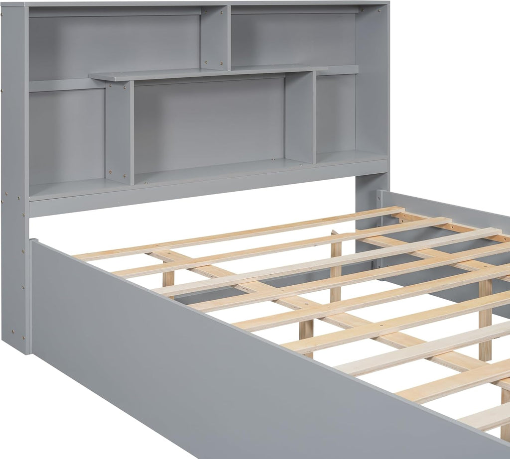 Gray Queen Size Wooden Platform Bedframe with Bookcase Headboard and 2 Storage Drawers R76788