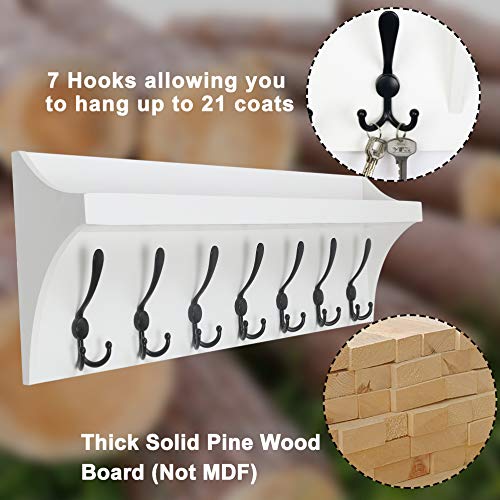 White 24” Solid Pine Wood Wall Shelf with 5 Hooks Q55203