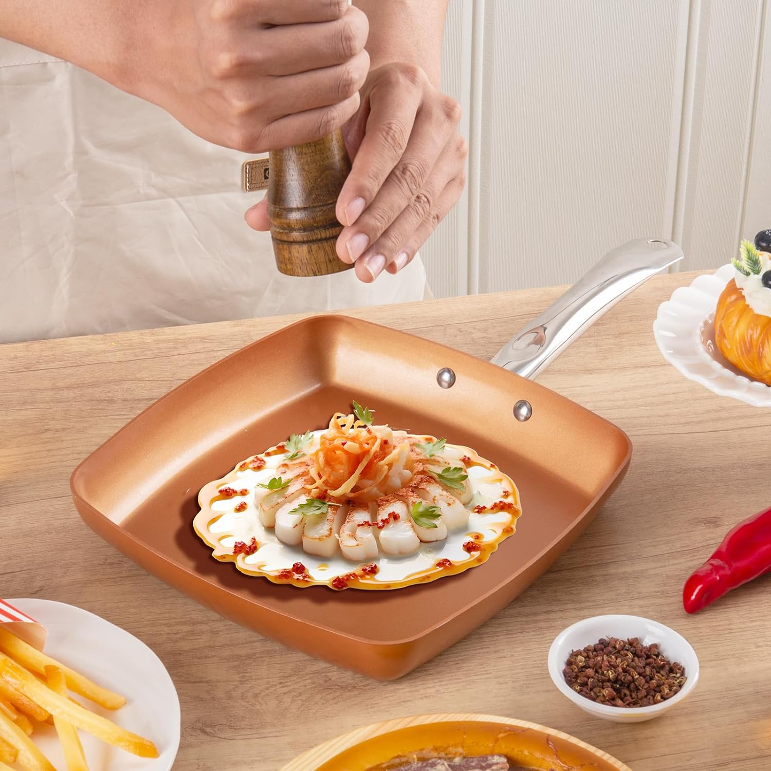 9.5" Non-Stick Copper Square Frying Pan with Ceramic Coating H2442