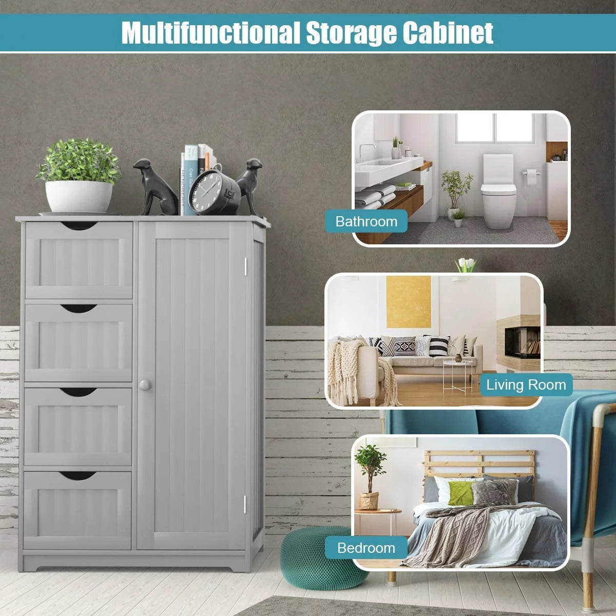Gray Floor Cabinet with 4 Drawers & 1 Cupboard L81248