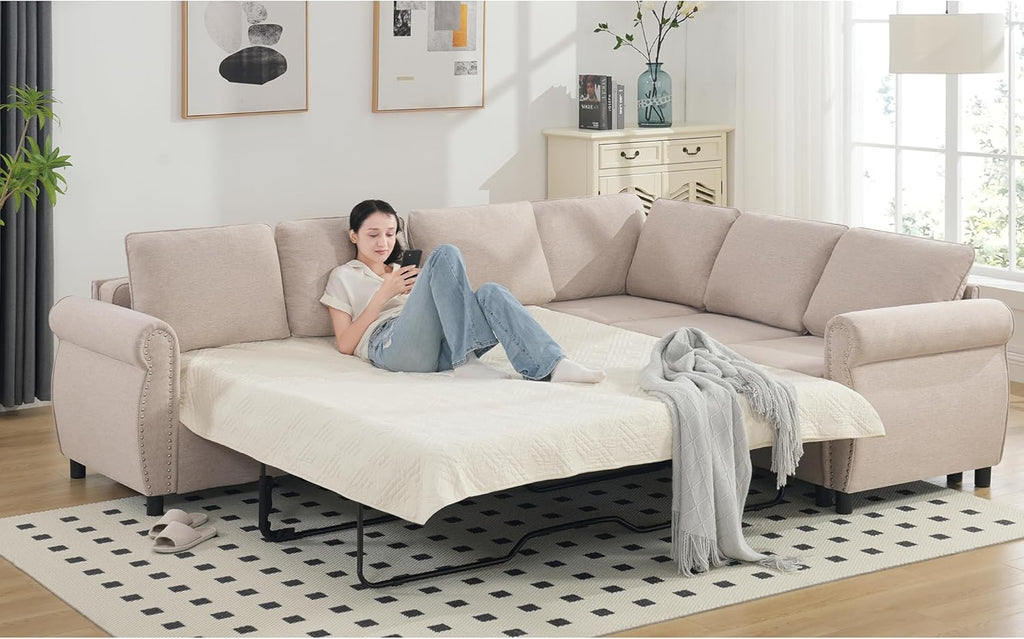 Beige Modular Sectional Sleeper Sofa with Pull Out Bed C832