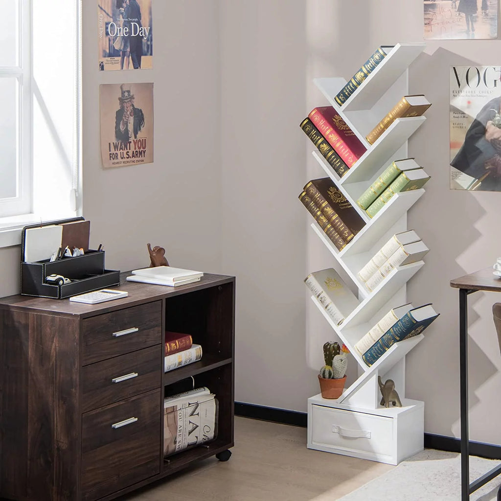 White 10 Shelf Wooden Bookcase with Drawer H252
