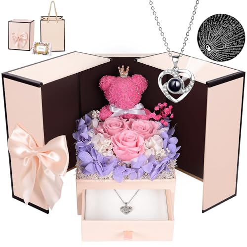 Preserved Rose Moss Bear with I Love You Necklace Roses U354454