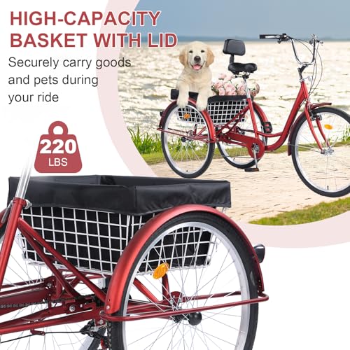 24/26-Inch 3-Wheel Adult Tricycle with 7-Speed Gearing and Basket A16270