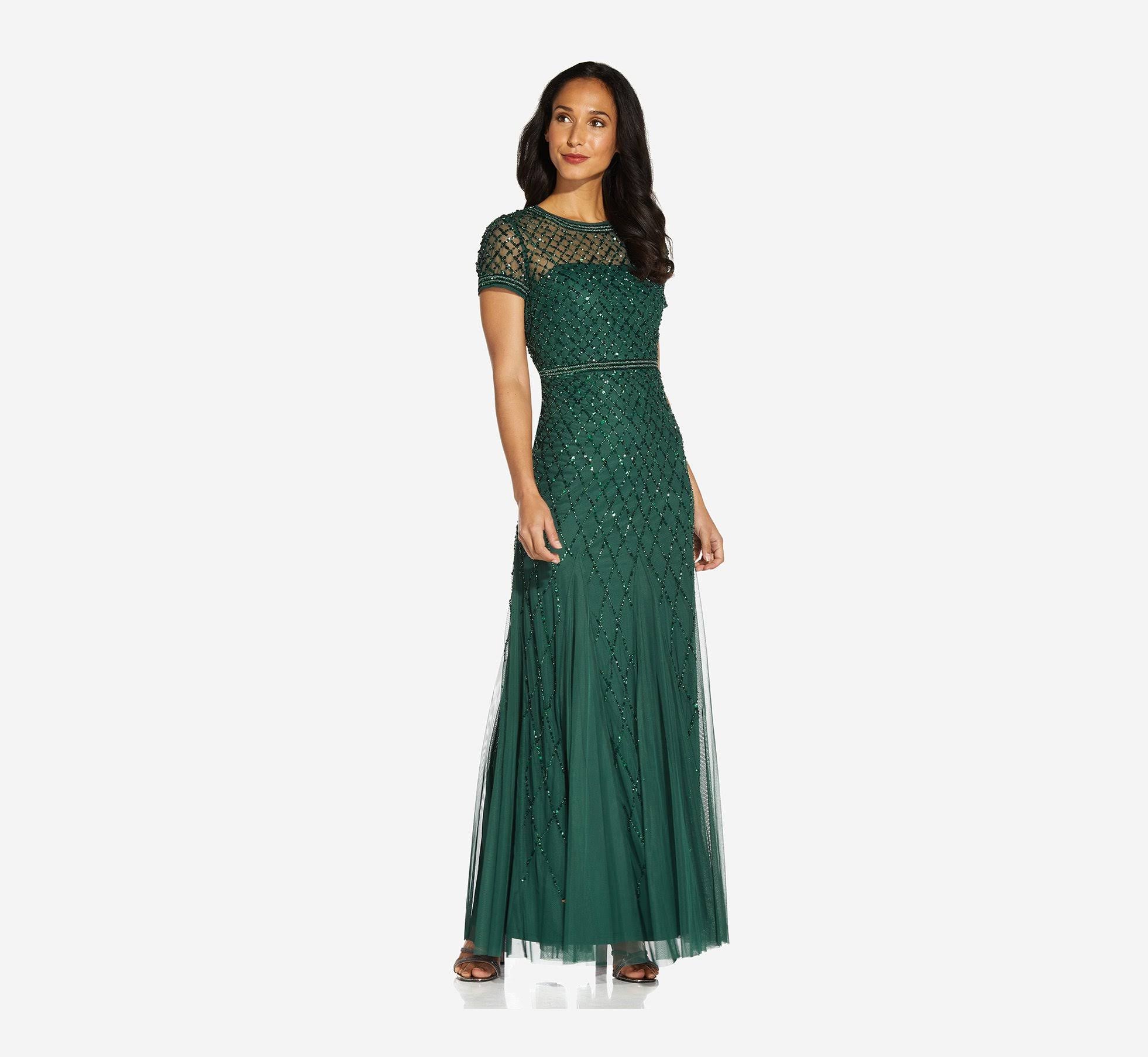 Cap Sleeve Beaded Gown, Dusty Emerald, Size 10 V8673