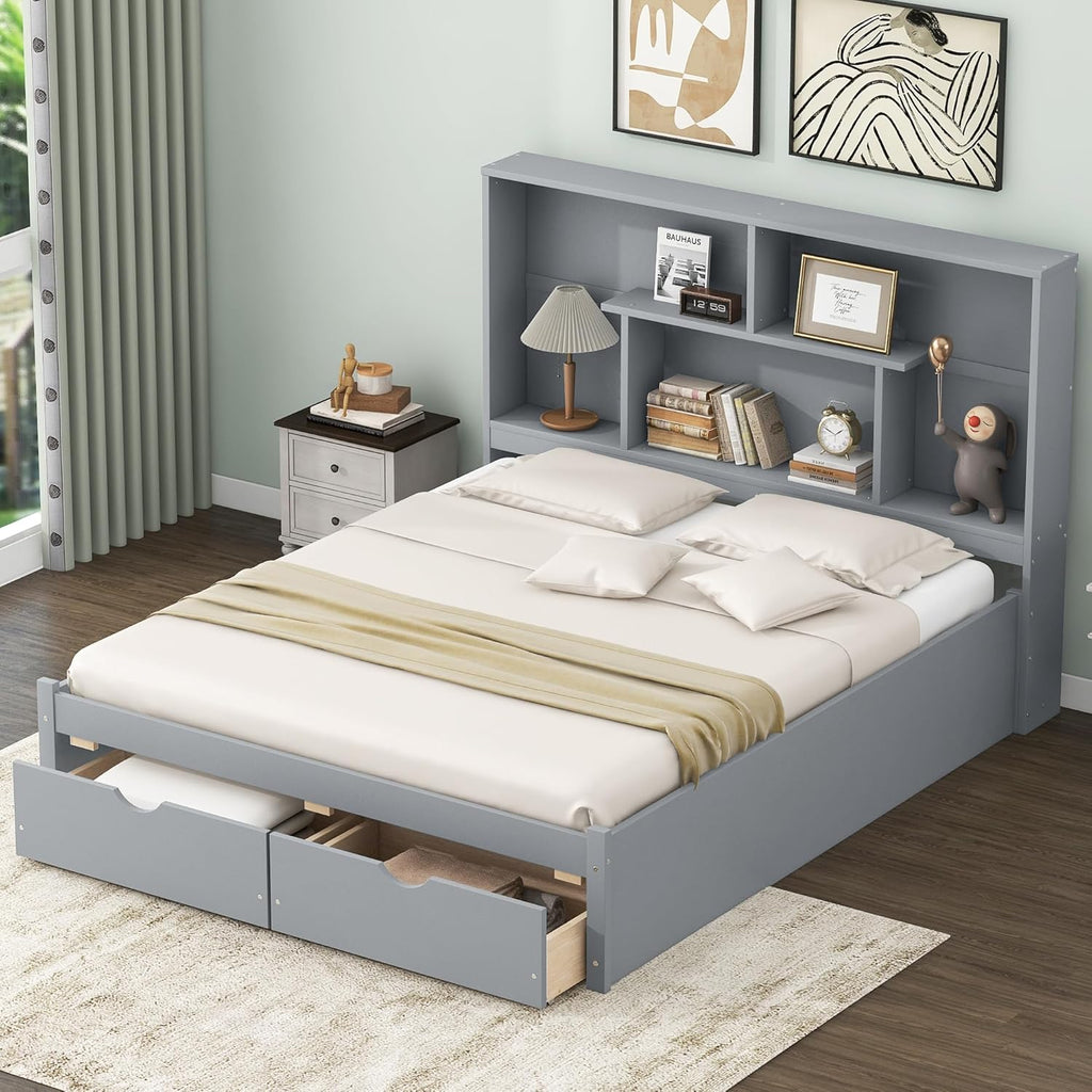 Gray Queen Size Wooden Platform Bedframe with Bookcase Headboard and 2 Storage Drawers R76788