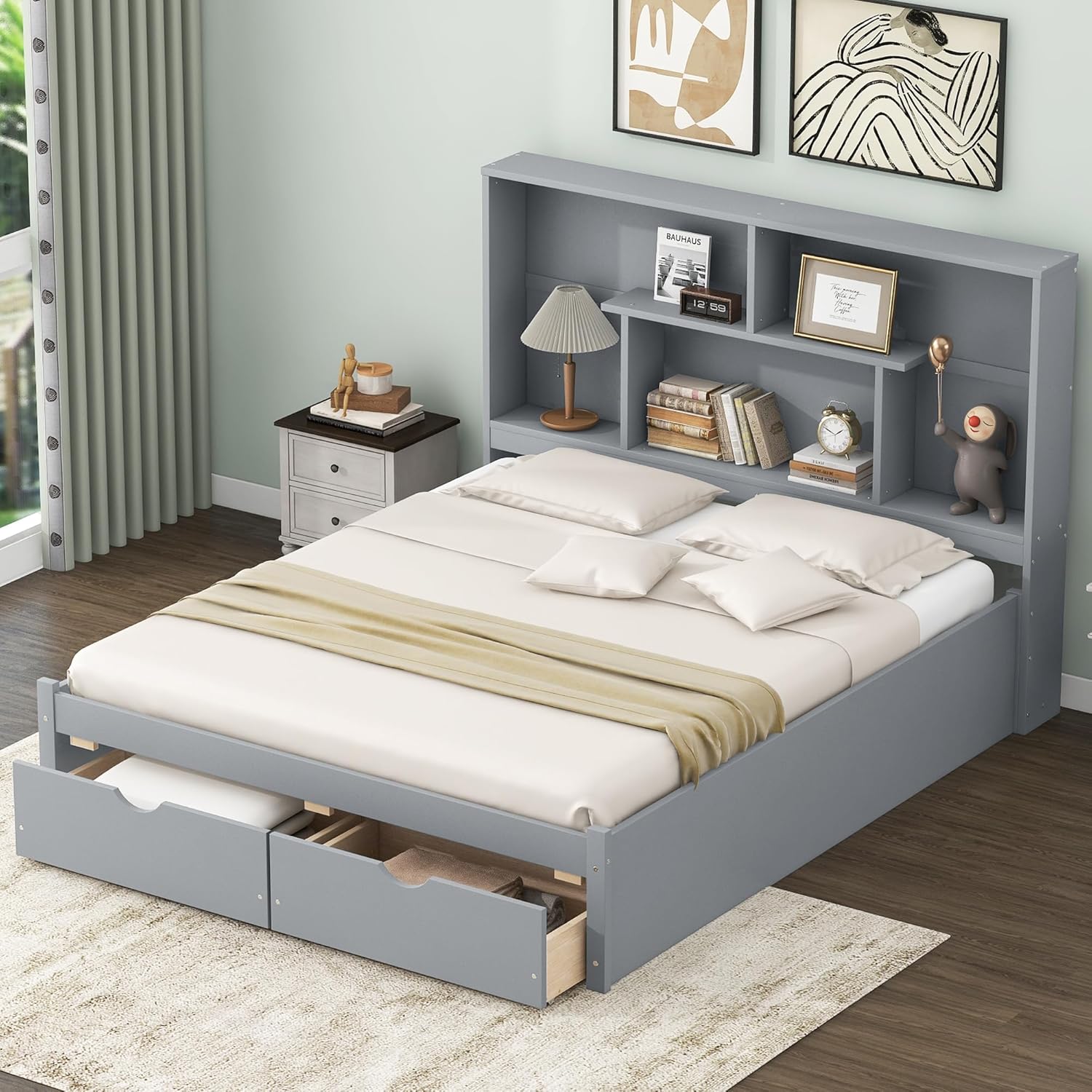Gray Queen Size Wooden Platform Bedframe with Bookcase Headboard and 2 Storage Drawers R76788
