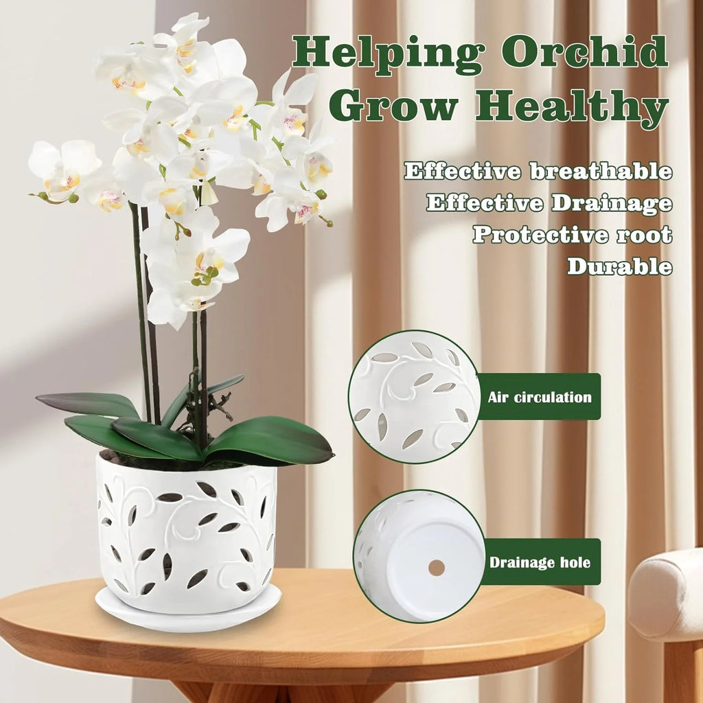Set of 2 Ceramic Orchid Pots with Saucers, 5 inch & 6 inch D2701
