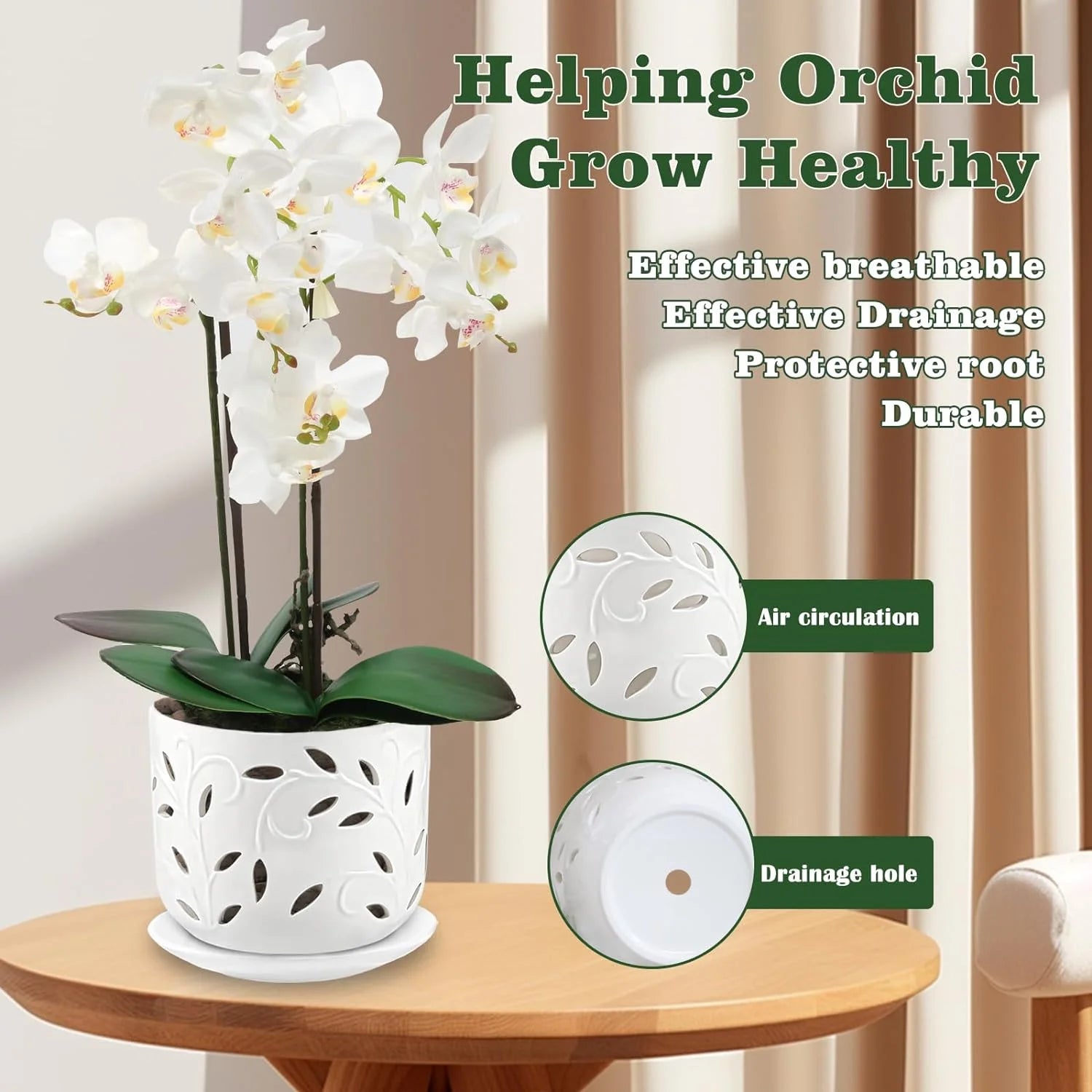 Set of 2 Ceramic Orchid Pots with Saucers, 5 inch & 6 inch D2701