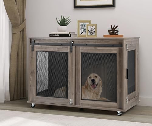 47 Inch Wooden Dog Crate Furniture with Sliding Doors and Wheels E479009