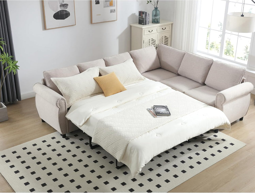 Beige Modular Sectional Sleeper Sofa with Pull Out Bed C832