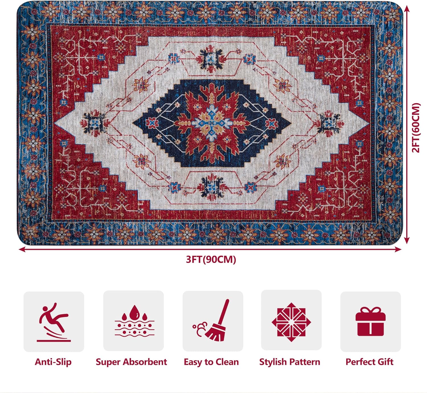 Red/Multi 2'x3' Non Slip Washable Distressed Low-Pile Rug O345543