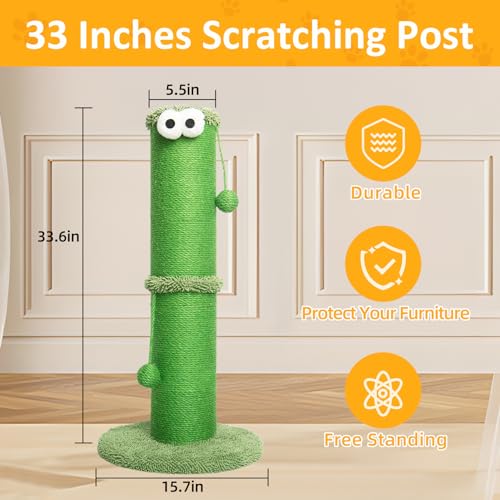 34-Inch Tall Cat Scratching Post with Sisal-Wrapped Post, Hanging Ball Toy, Vibrant Green J208