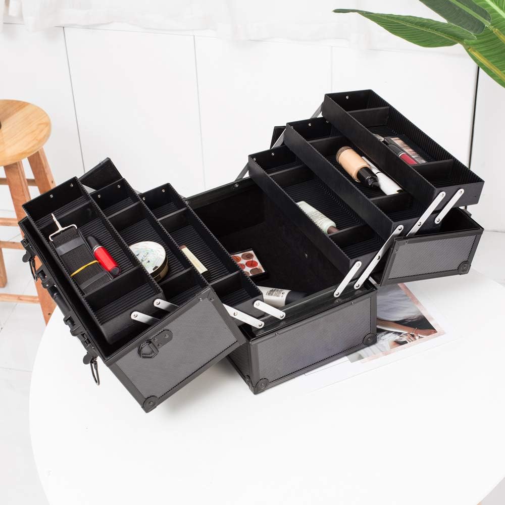 Portable Makeup Train Case with Lock and Compartments, black J41765
