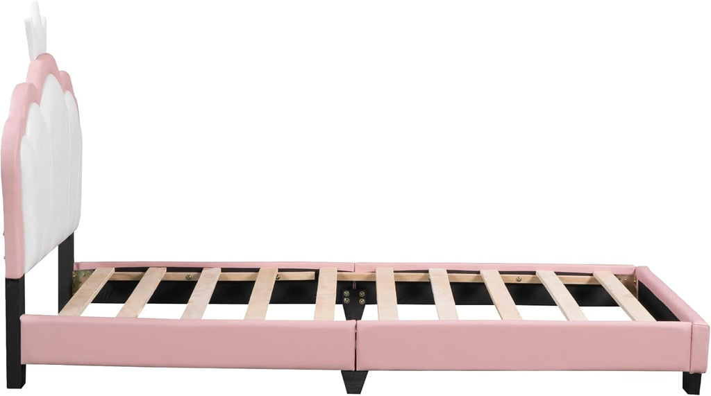 Pink Twin Size PU Upholstered Princess Bed Frame with Crown Headboard G84329