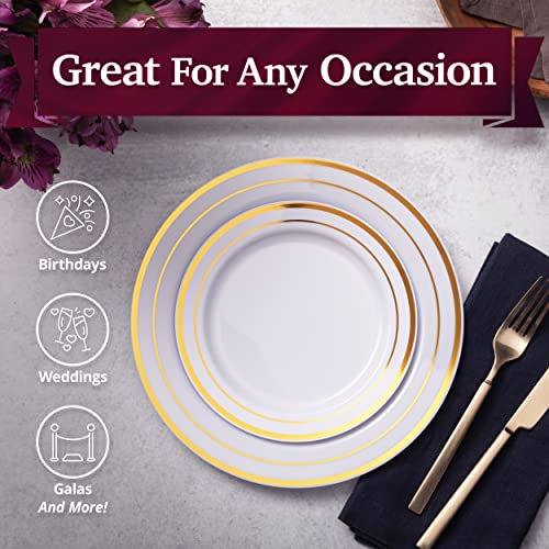 100 White Plastic Plates with Gold Trim, 50 Dinner Plates 10.25" + 50 Salad Plates 7.5" B731