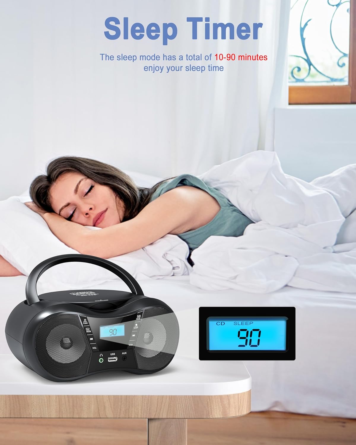 Portable CD Player Boombox with FM Radio, Bluetooth, LCD Display, USB/AUX Input, AC/Battery Powered O860
