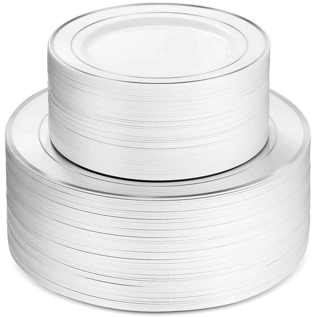 100 Piece White Silver Rim Plastic Party Plates I4411