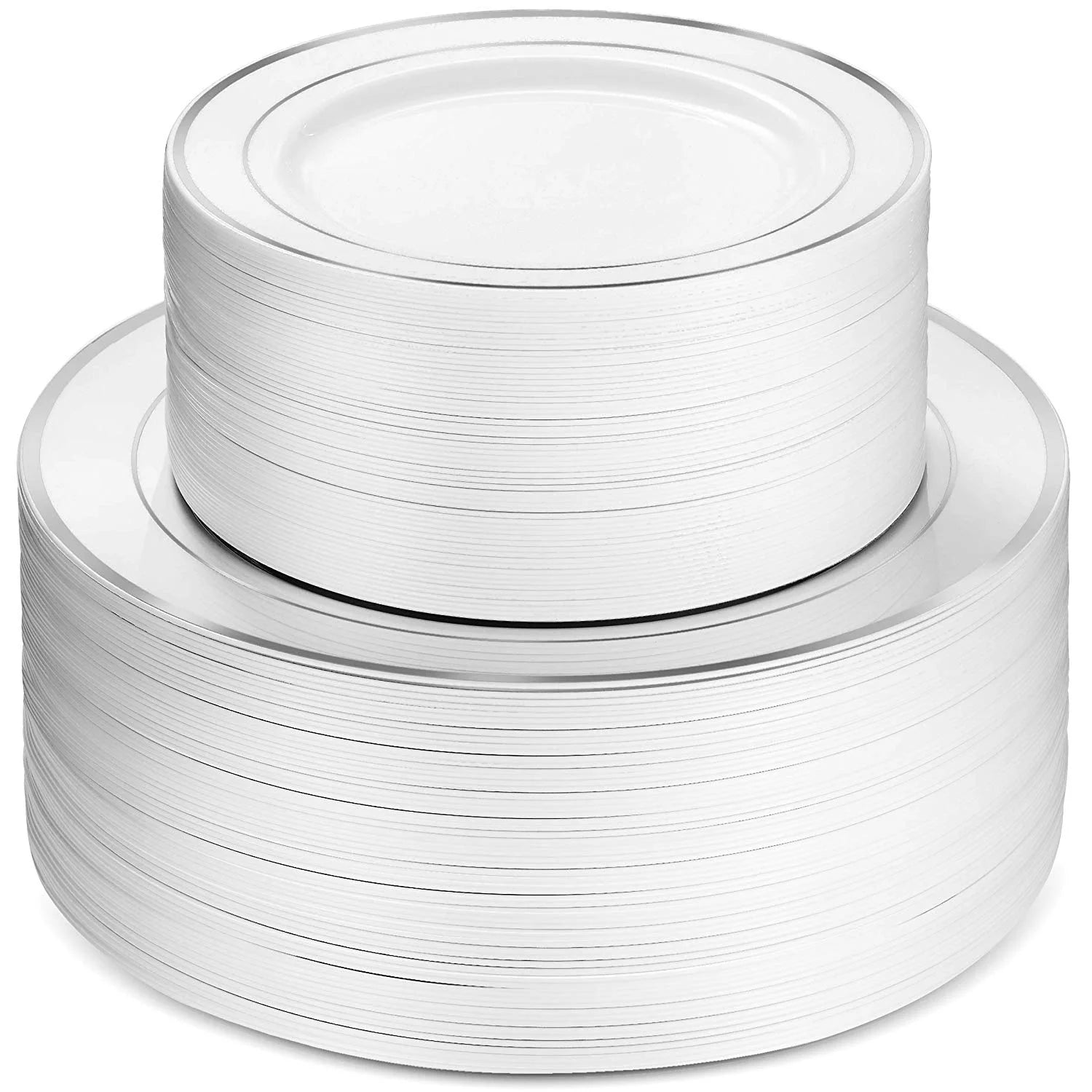 100 Piece White Silver Rim Plastic Party Plates I4411