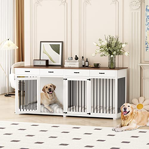 White 86.6 Inch Wooden Dog Crate with Drawers W222687