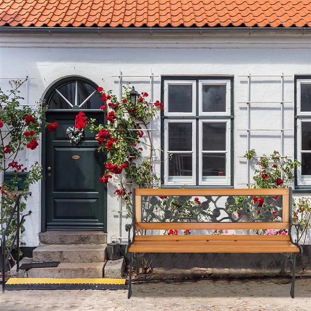 49-Inch Cast Iron Steel Frame Hardwood Garden Bench with Floral Design Backrest E14993