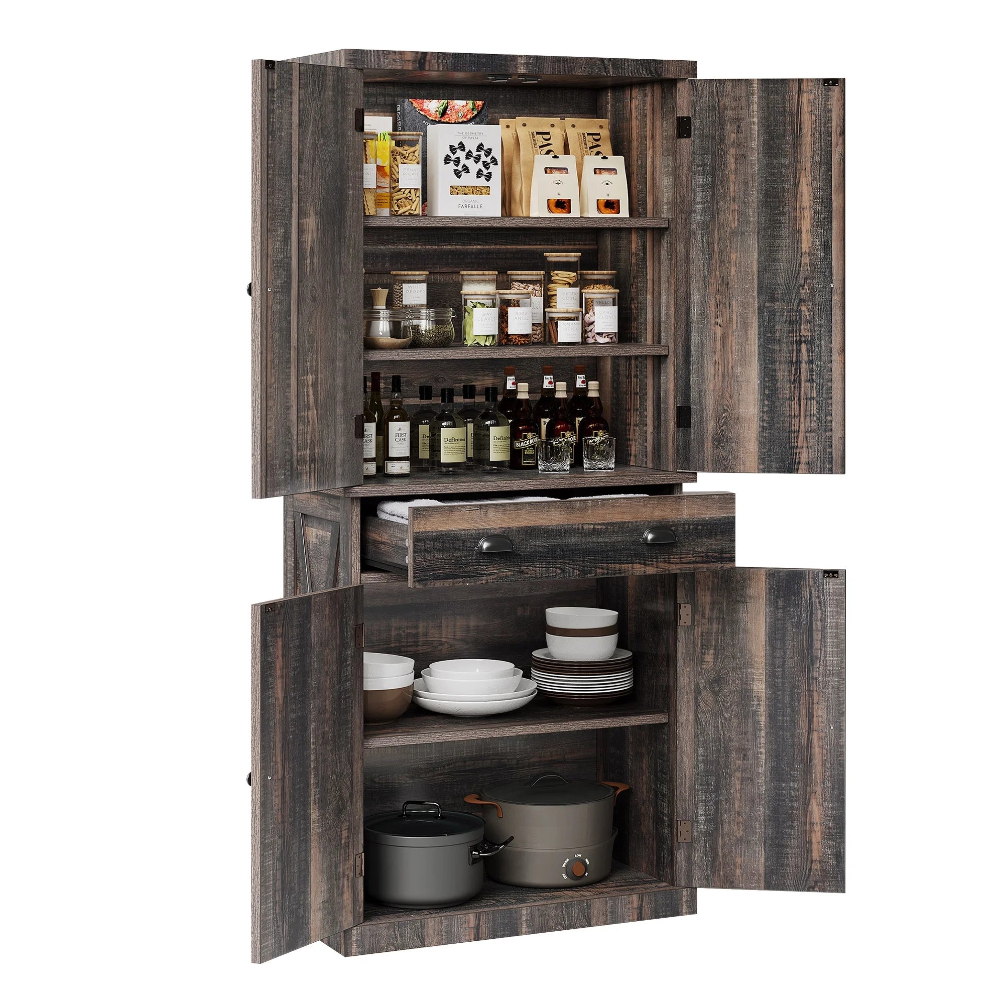 Rustic Oak 6-Tier Kitchen Pantry Storage Cabinet with 4 Doors T535147