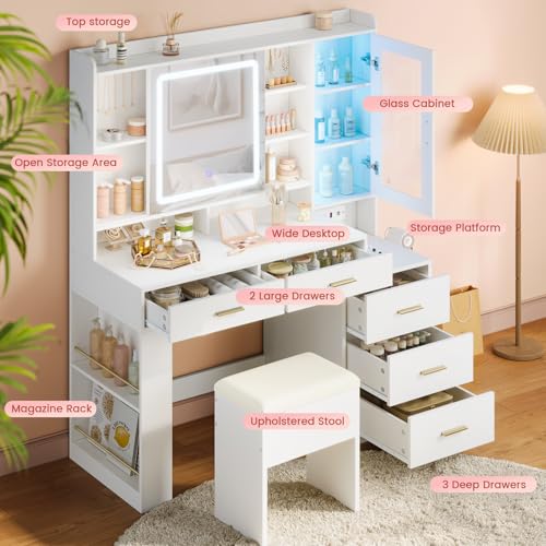 White 47.2"W Vanity Desk with Sliding LED Lighted Mirror, Drawers, Shelves and Side Storage R245260
