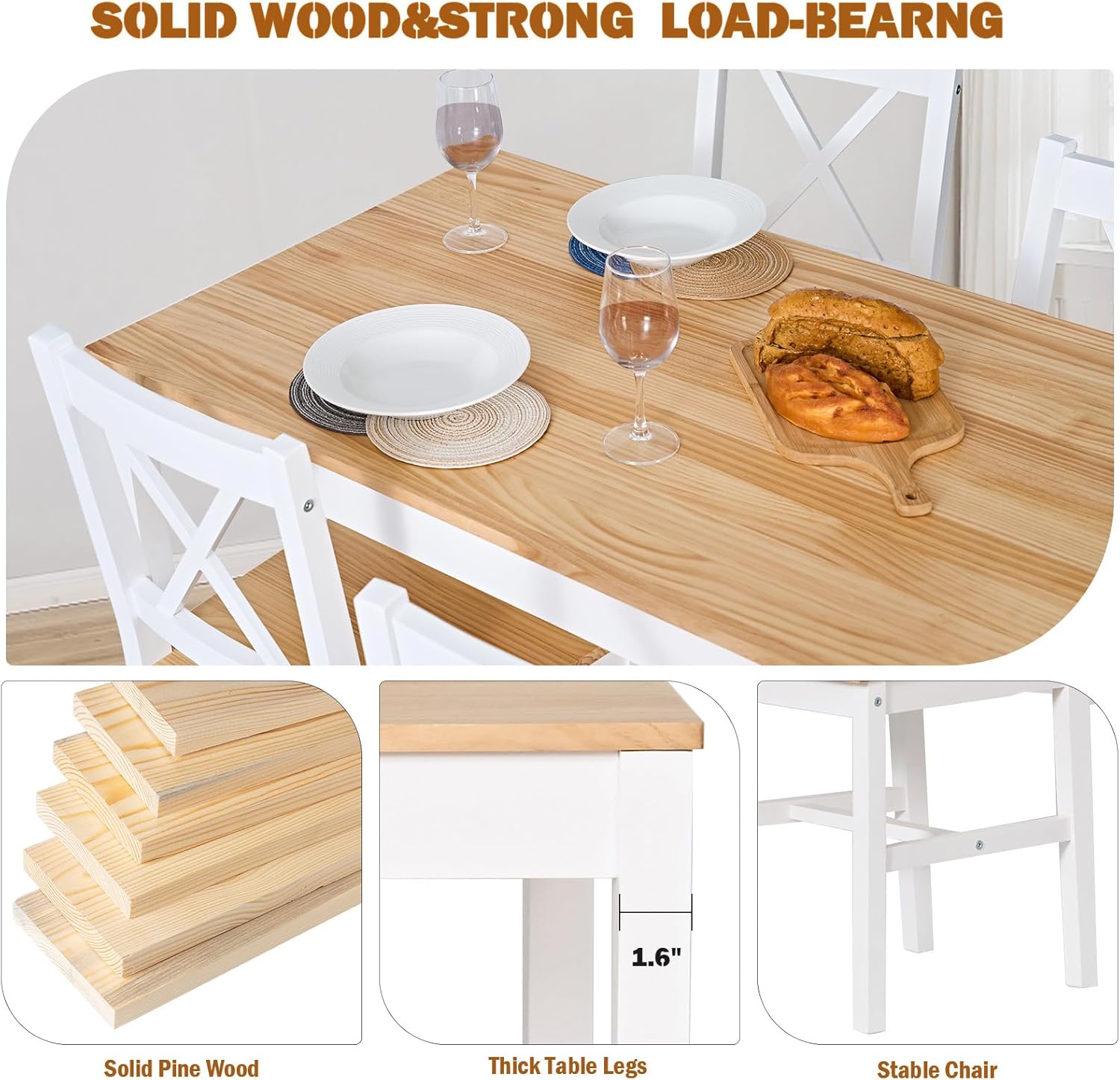 White 5-Piece Wood Kitchen Dining Table Set with 4 Chairs H392