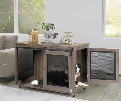 47 Inch Wooden Dog Crate Furniture with Sliding Doors and Wheels E479009