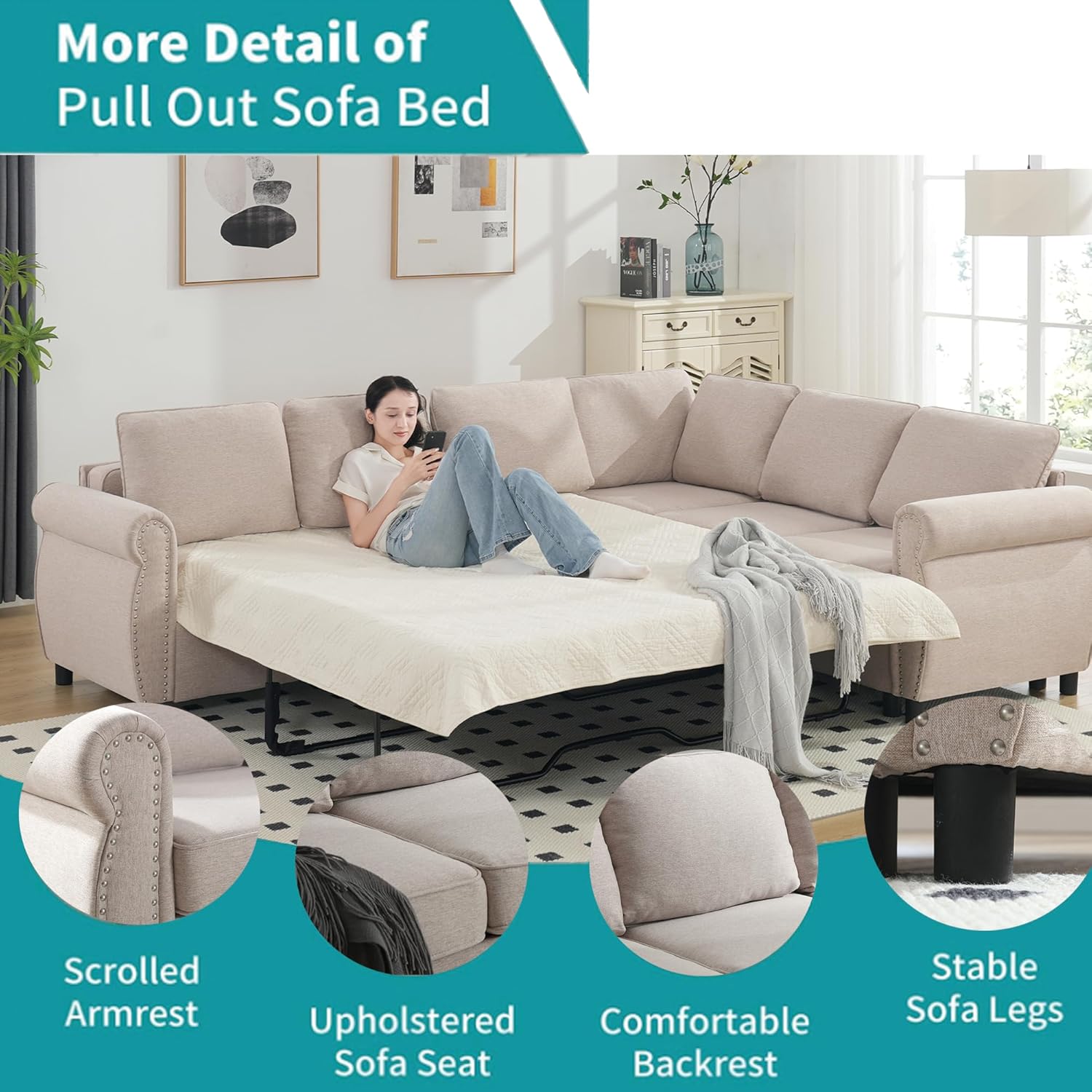 Beige Modular Sectional Sleeper Sofa with Pull Out Bed C832