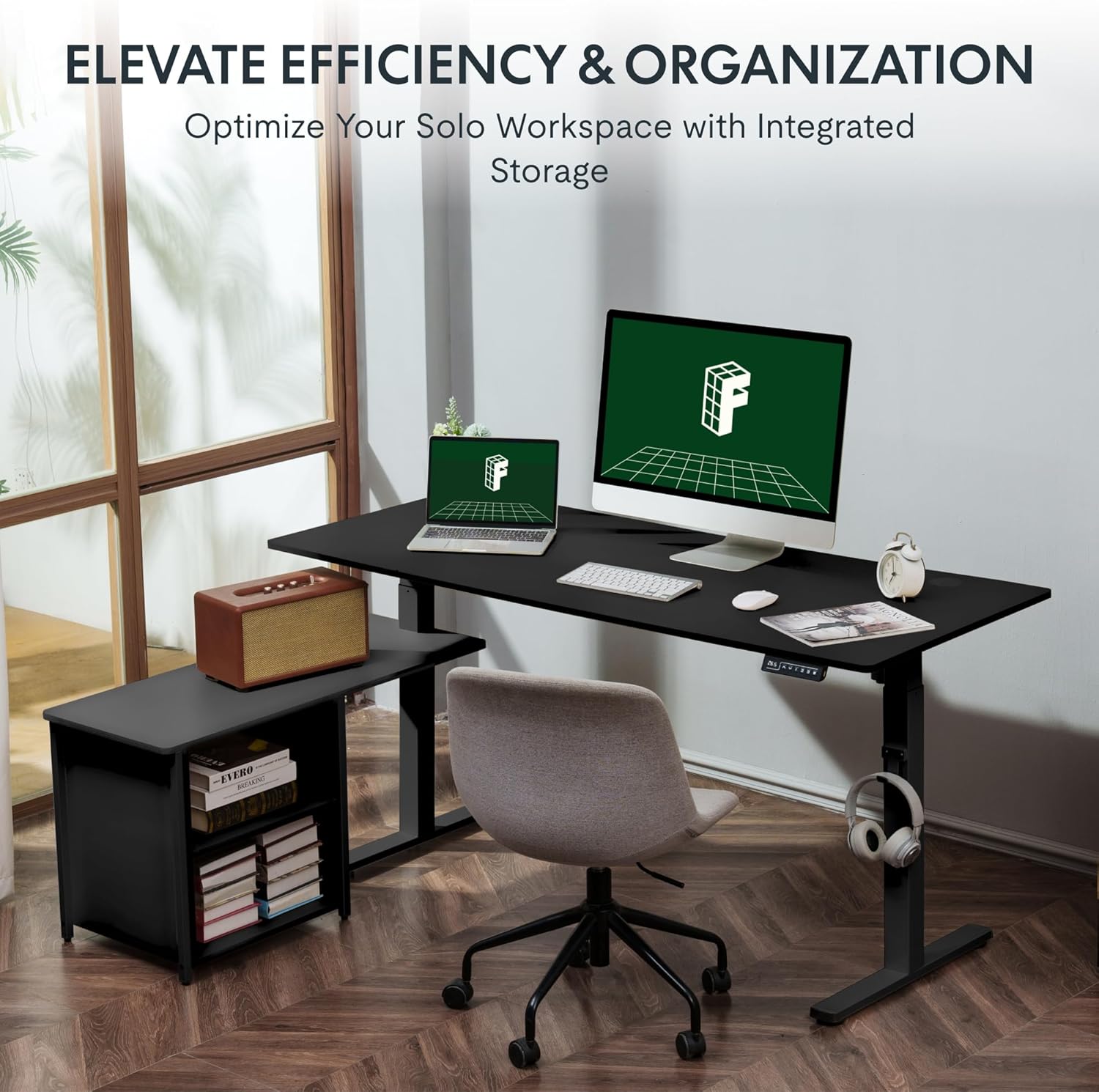 Black L Shaped Standing Desk with Drawers H38219