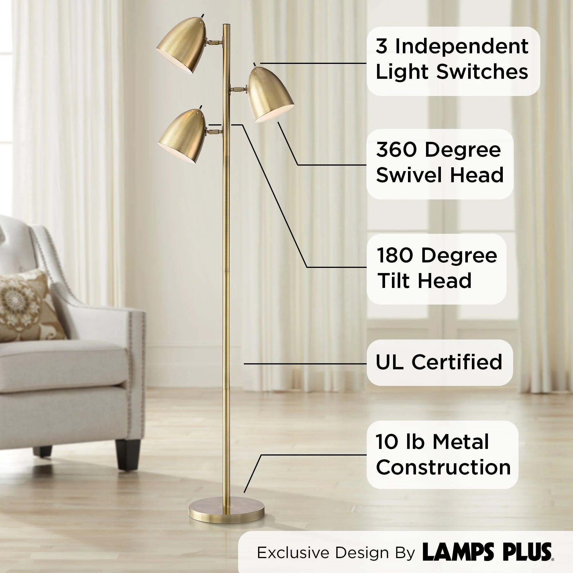 Aged Brass 3 Light Adjustable Dome Shade Floor Lamp O19637
